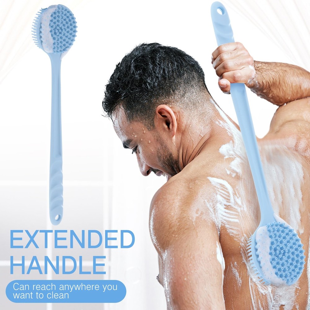 2 Pack Silicone Double Sided Back Scrubber with 15 Inch Long Handle for Shower