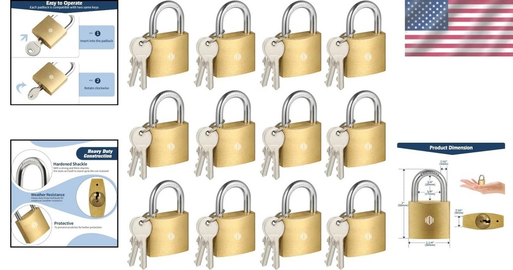 Heavy Duty 12-Pack Padlocks, Solid Brass, Keyed Alike, All-Weather Security