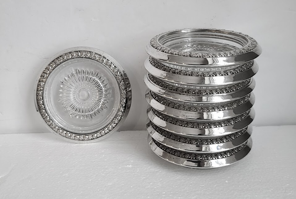 Watrous Sterling Silver Rose Relief Mounted Glass Coasters 8 Piece Set Superb!