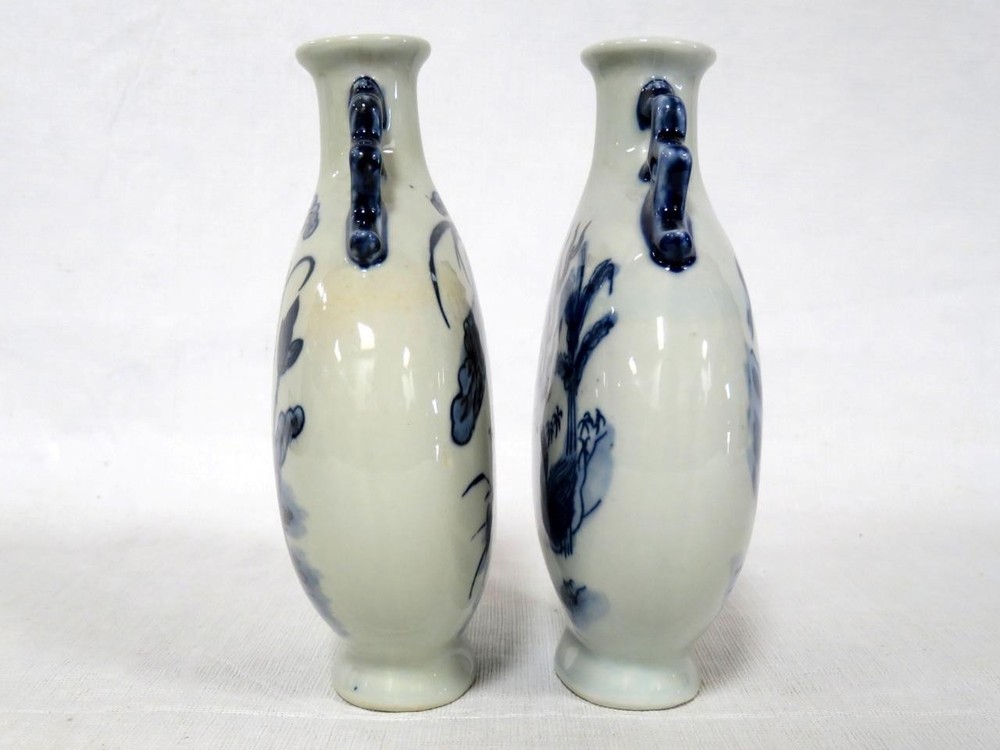 Pair of 6.5" Blue & White Moon Flask, Pilgrim Bottles - Same Stamp Underneath