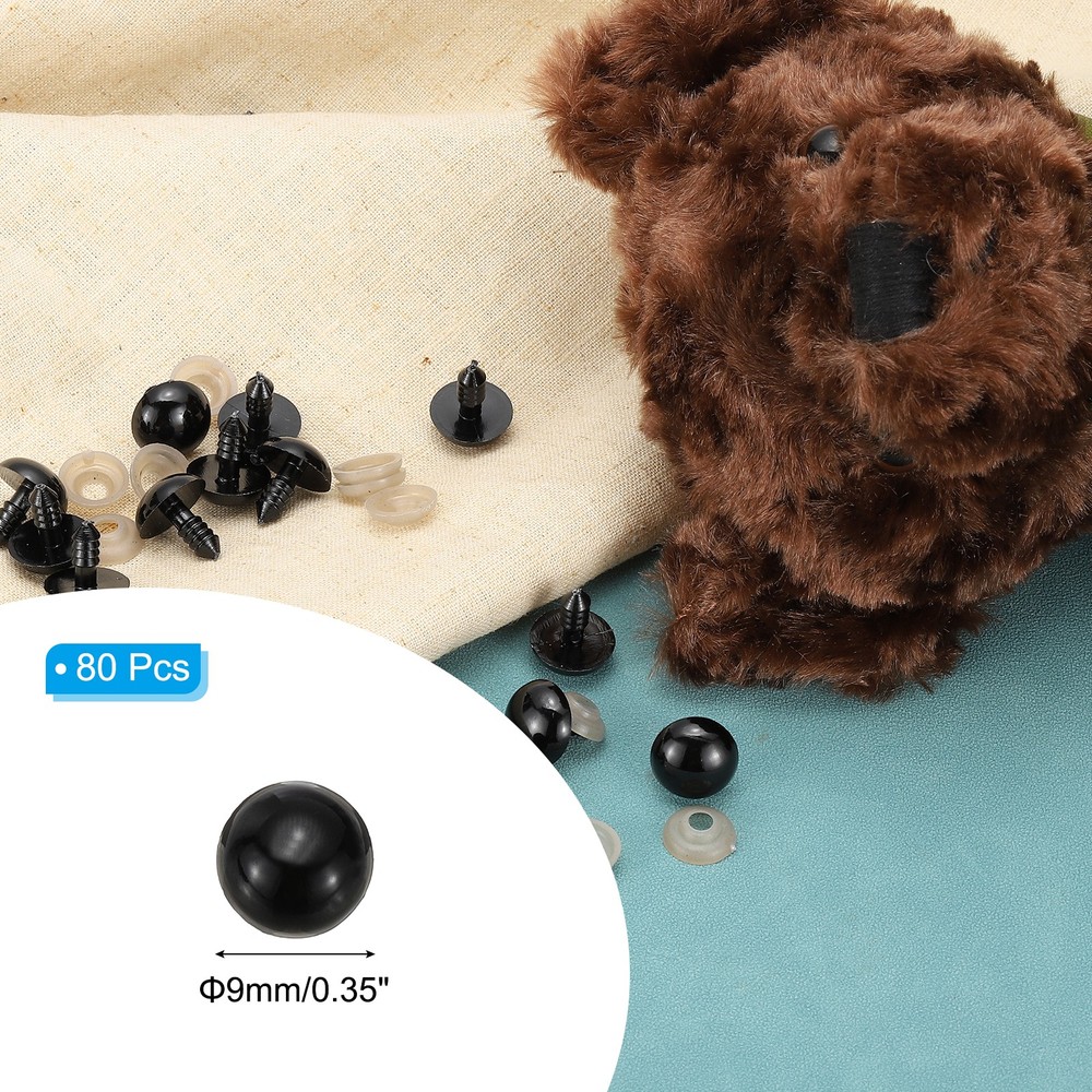 80 Pack 9mm Safety Eyes Plastic Craft Eyes with Washers, Black
