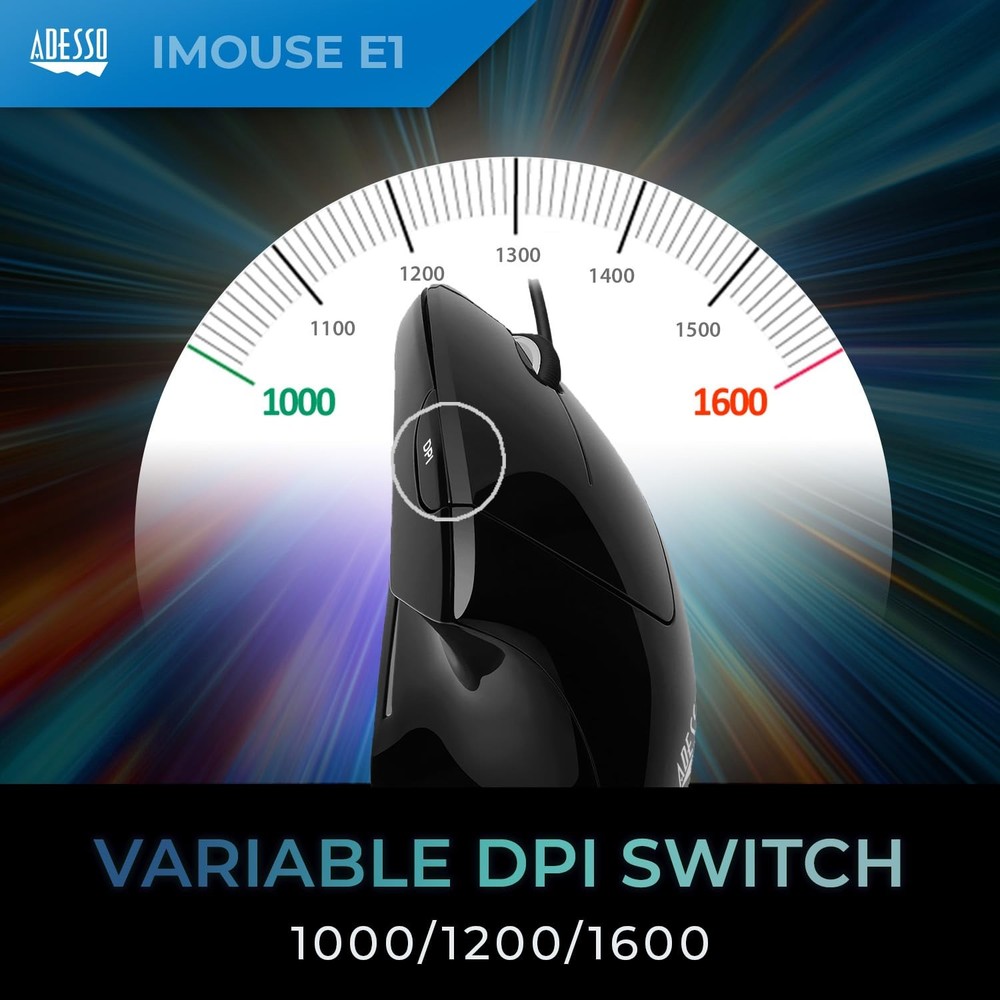 Adesso Wired Vertical Ergonomic Illuminated Optical 6-Button USB Mouse - Right H