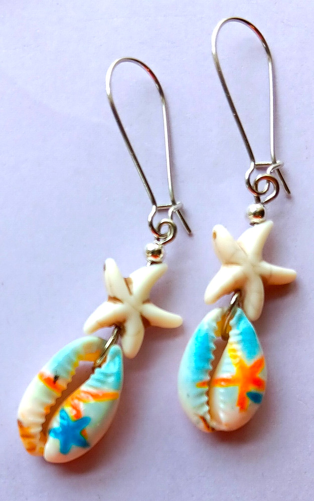 STARFISH Painted COWRIE SHELL dangle earring kidney wire handcrafted #ACTA