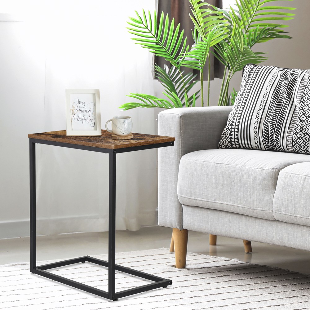 C Shaped Side Table End Table for Sofa Bed and Couch w/ Metal Frame Rectangular