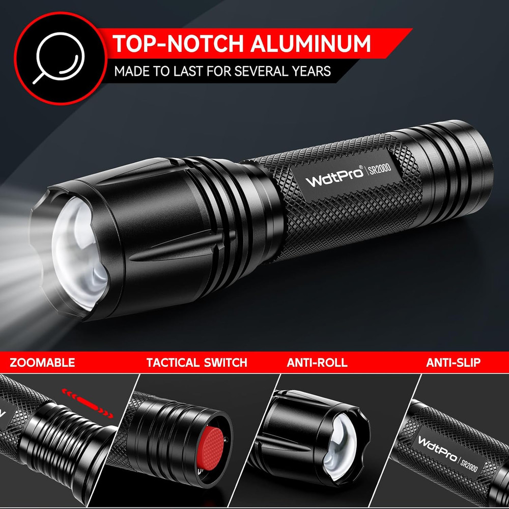 LED Flashlight High Lumens SR2000 Pro - 2 Pack Brighter Tactical Flashlights wit