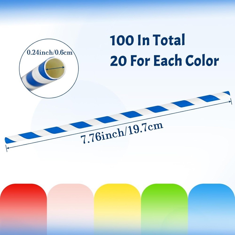 Rainbow Striped Paper Straws 100-Pack Biodegradable Eco-Friendly Drinking Straws