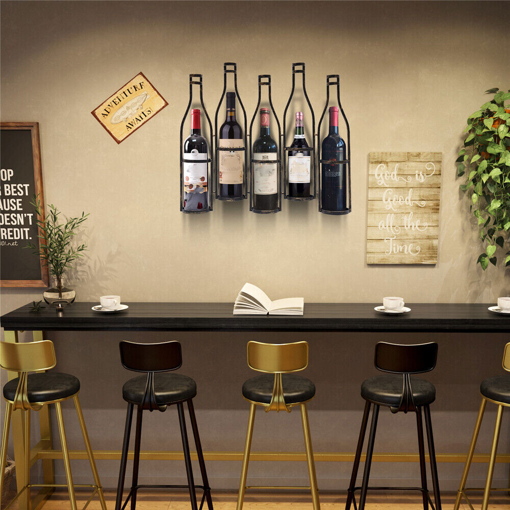 5-Bottles Wall Mounted Wine Rack Bottle Holder Kitchen Bar Wine Storage Display