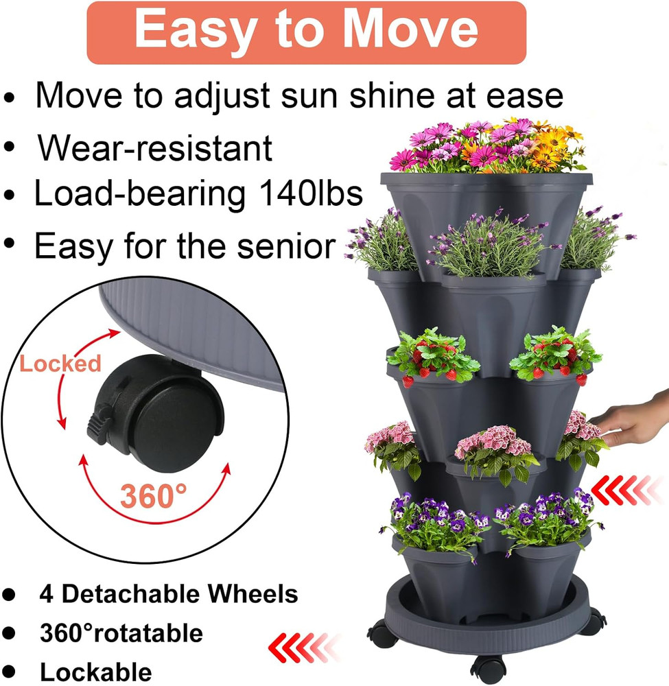 Vertical Planter Tower - 5 Tier Stackable Garden Planters with Wheels and Tools