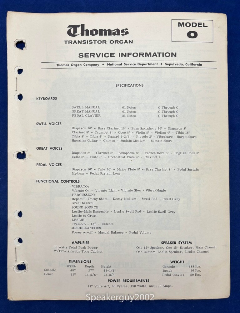 Original Thomas Organ Model O Service Information - Manual