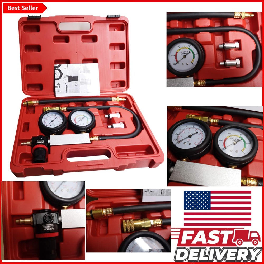 Complete Engine Leak Down Tester Kit - Dual Gauge with Flexible Hose & Adapters