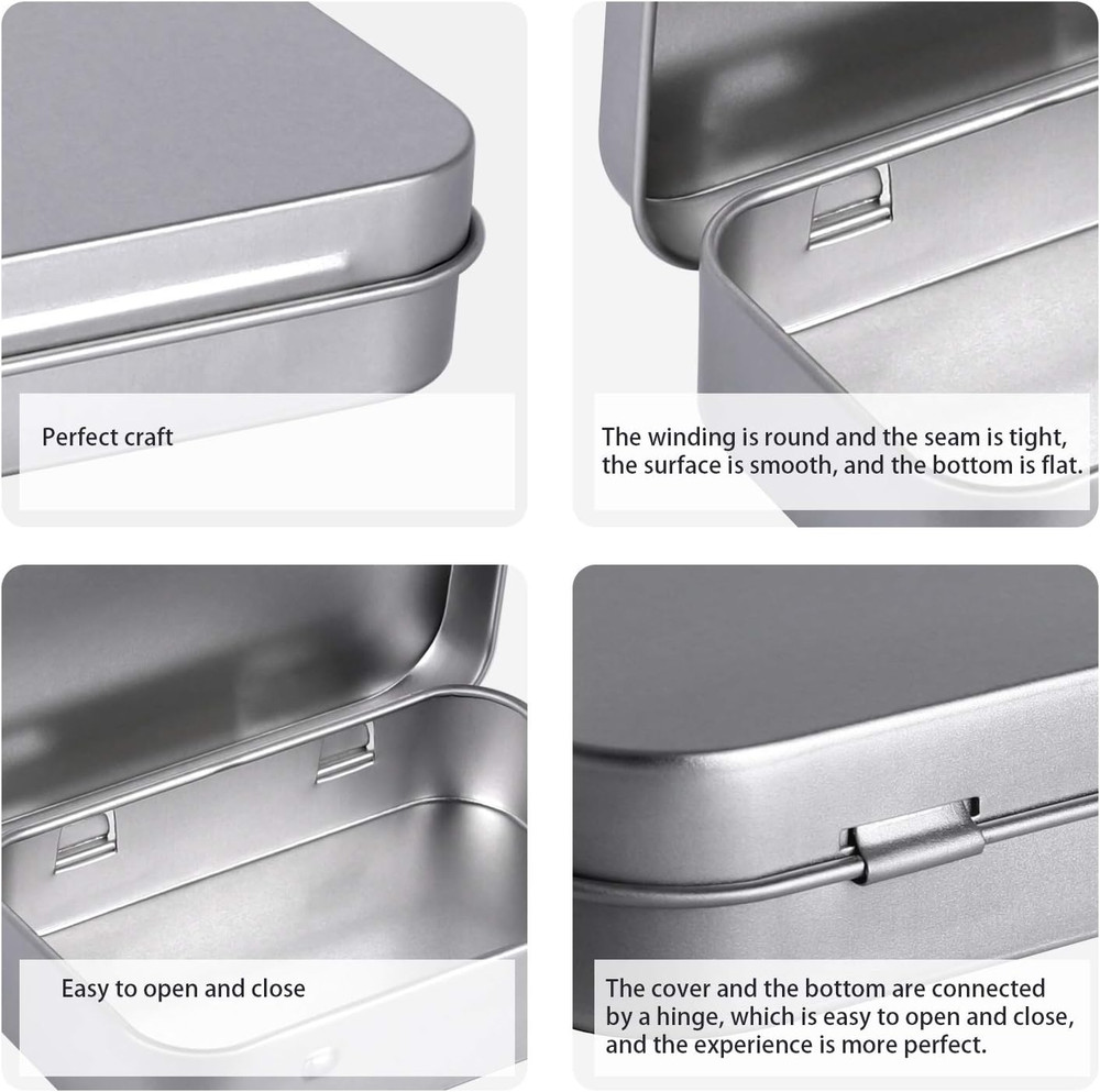 Metal Rectangular Empty Hinged Tins - Pack of 40 Silver Mini Portable Box Small