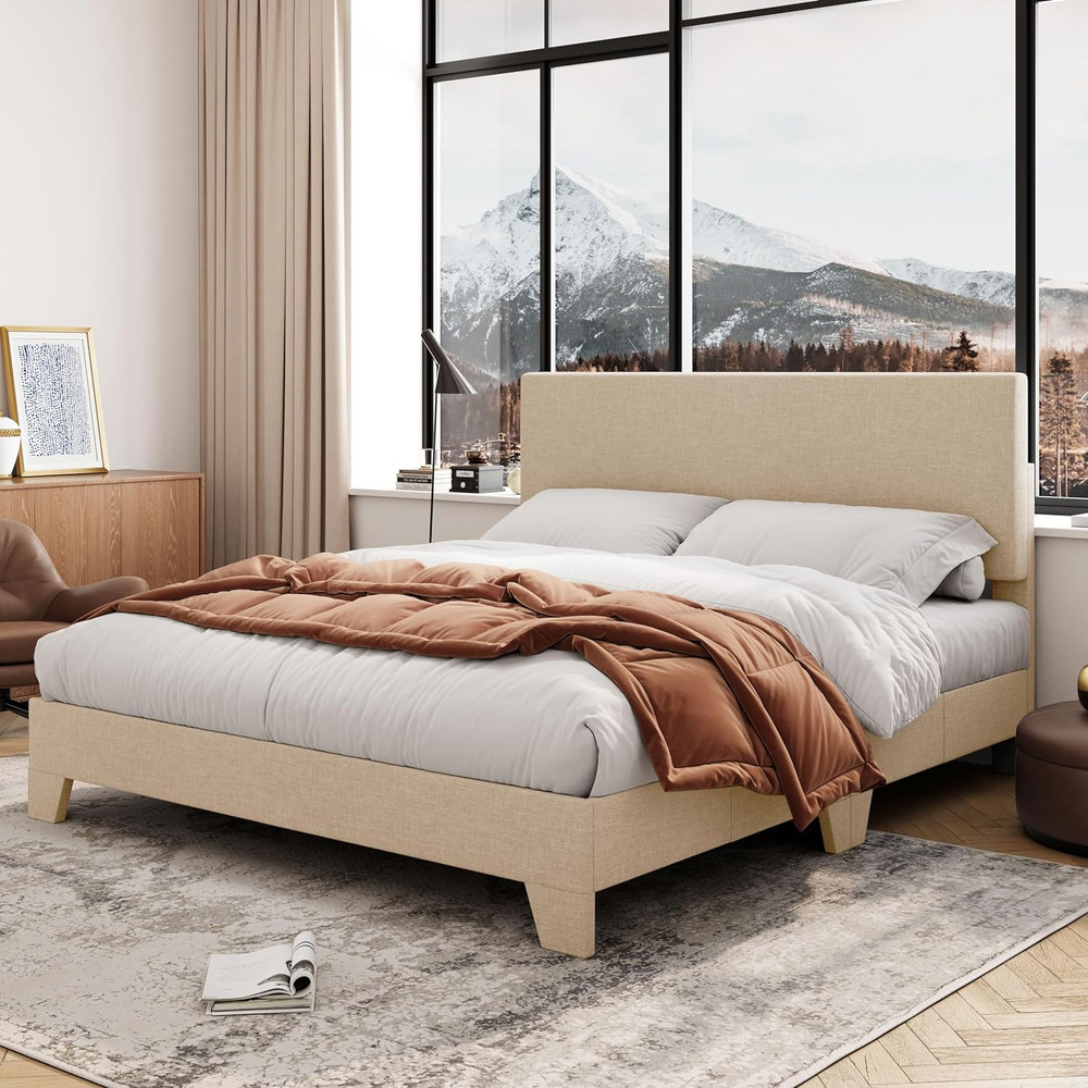 Queen Size Bed Frame with Adjustable Headboard, Upholstered Platform Bed with Wo
