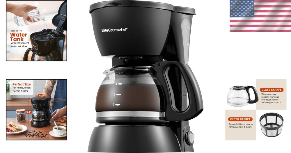 Coffee Maker Drip Automatic 4 Cup Small Space Reusable Filter Black