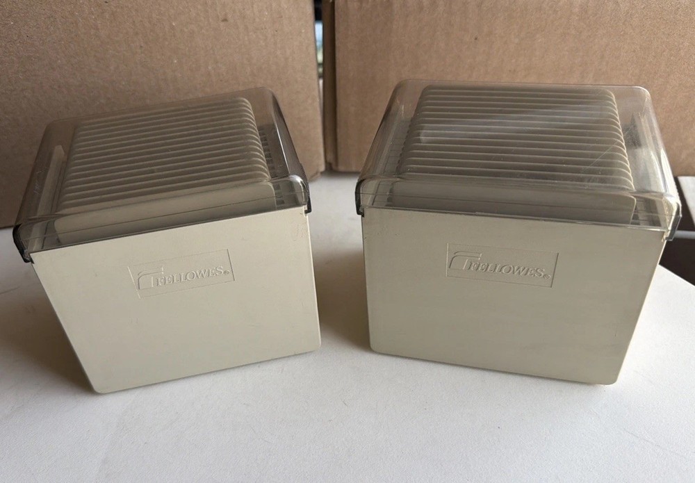 Two Fellowes STEP CUBE 3.5 Diskette File Storage Boxes One Has Damage See Pics