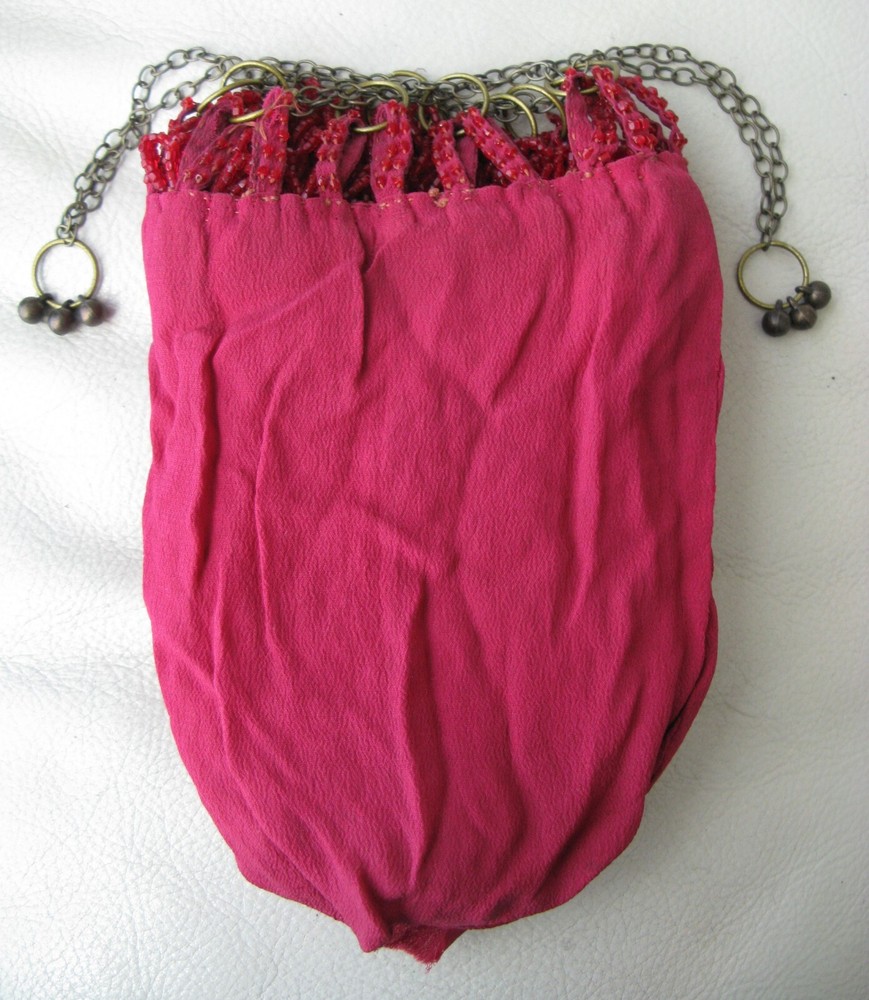 Antique Fringed Candy Apple Red Bead Drawstring Flapper Purse