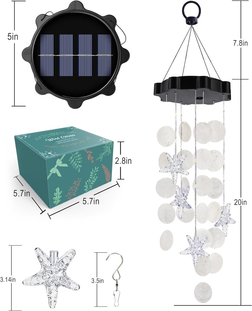 Solar Wind Chimes for Outside - Waterproof Decorative Mobile Shells Light