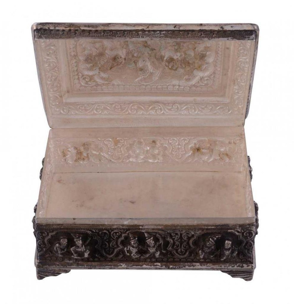 Superb Antique Burmese Silver Rectangular Table Box. 19th C.
