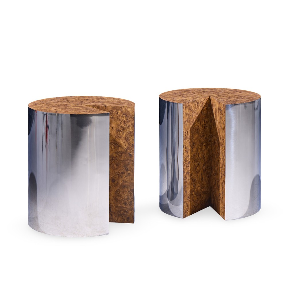 Leon Rosen for Pace Style Mid Century Pac-Man Chrome Drum Tables - Pair