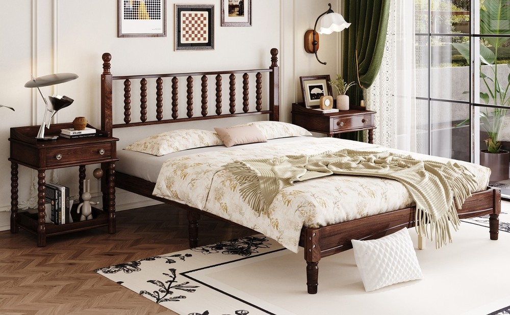 Walnut Queen Size Wood Platform Bed Gourd Shaped Headboard Retro Style Platform