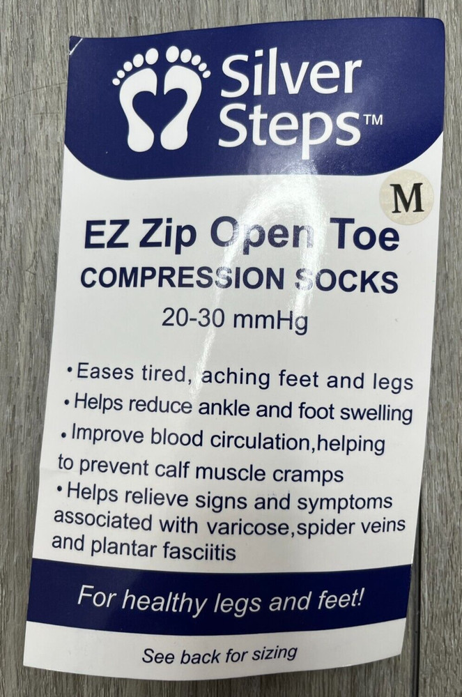 Silver Steps EZ Zip Open Toe Compression Socks 20-30mmHg, Beige Size M