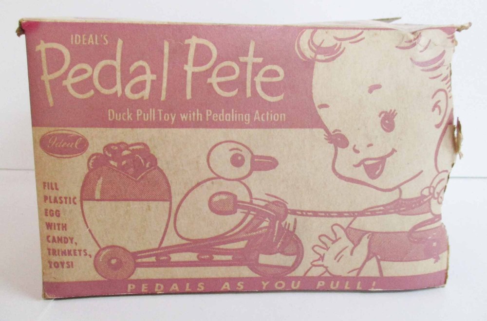 Vintage Easter Hard Plastic Ideal Pedaling Duck and Egg Pull Toy Boxed 1950s HTF