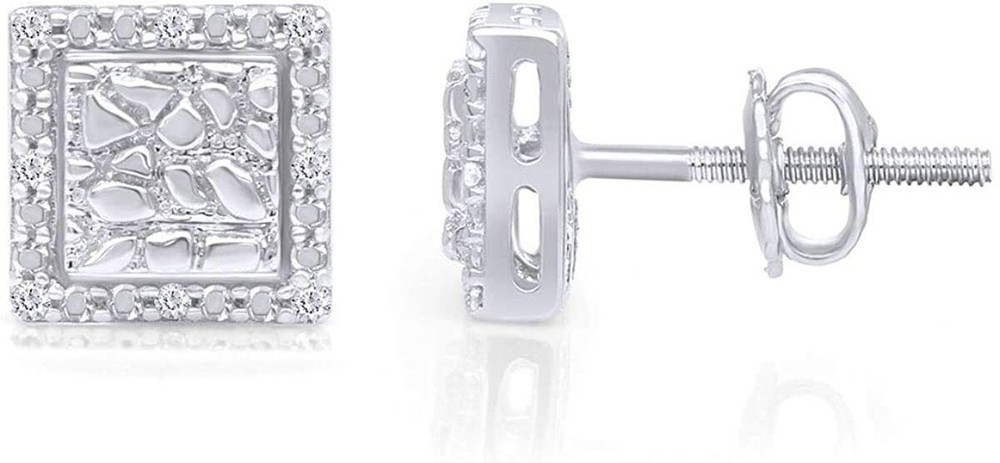 Natural Diamond Accents Square Nugget Mens Stud Earrings 14K Solid Gold