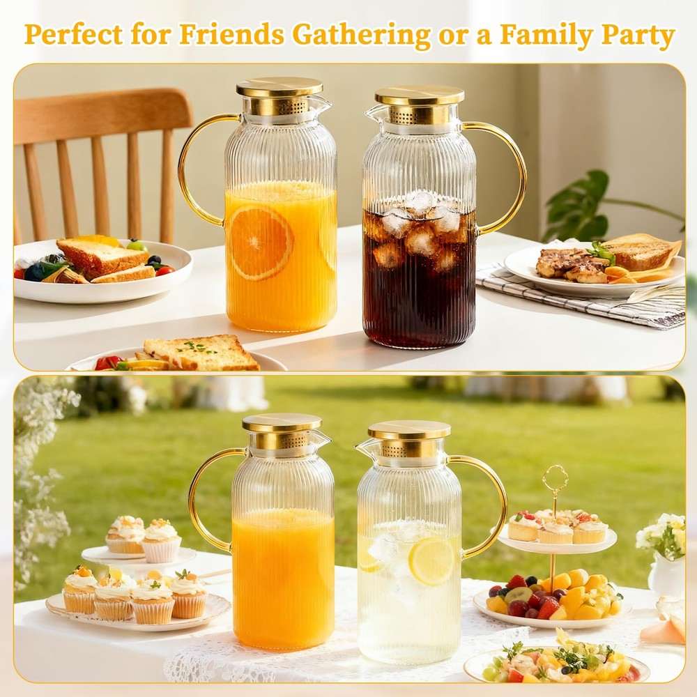 2 Pack Glass Pitcher with Lid, 68 oz/2 Liter Vertical Stripe Round Pitcher with