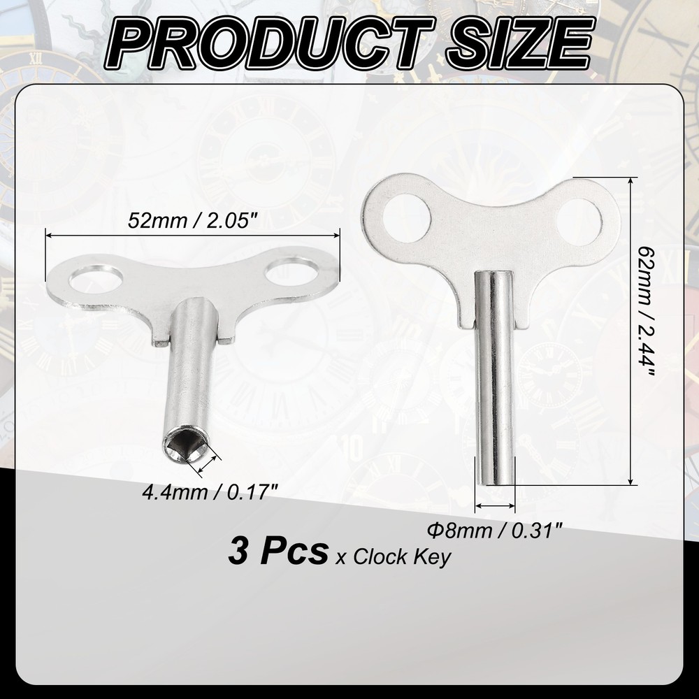 3 Pcs 4.4mm x 62mm Wrench Clock Key for Winding, Silver