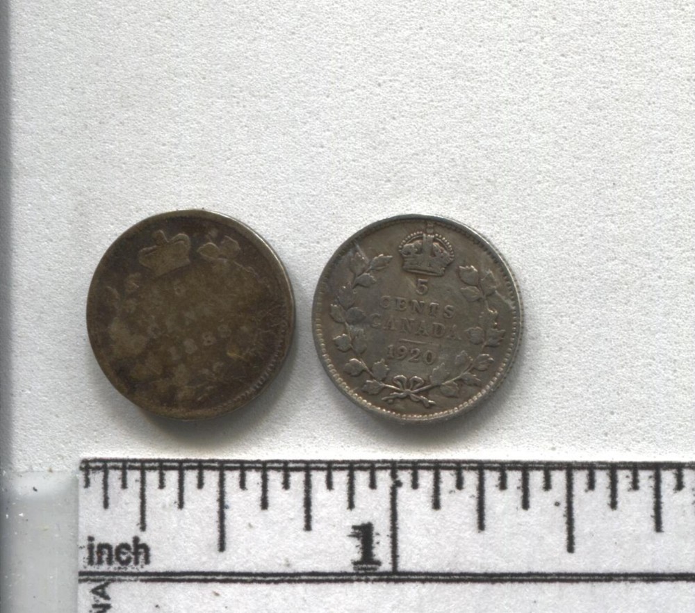 Two Canada 5 cent silvers: 1888 & 1920 - .925 & .800 Silver