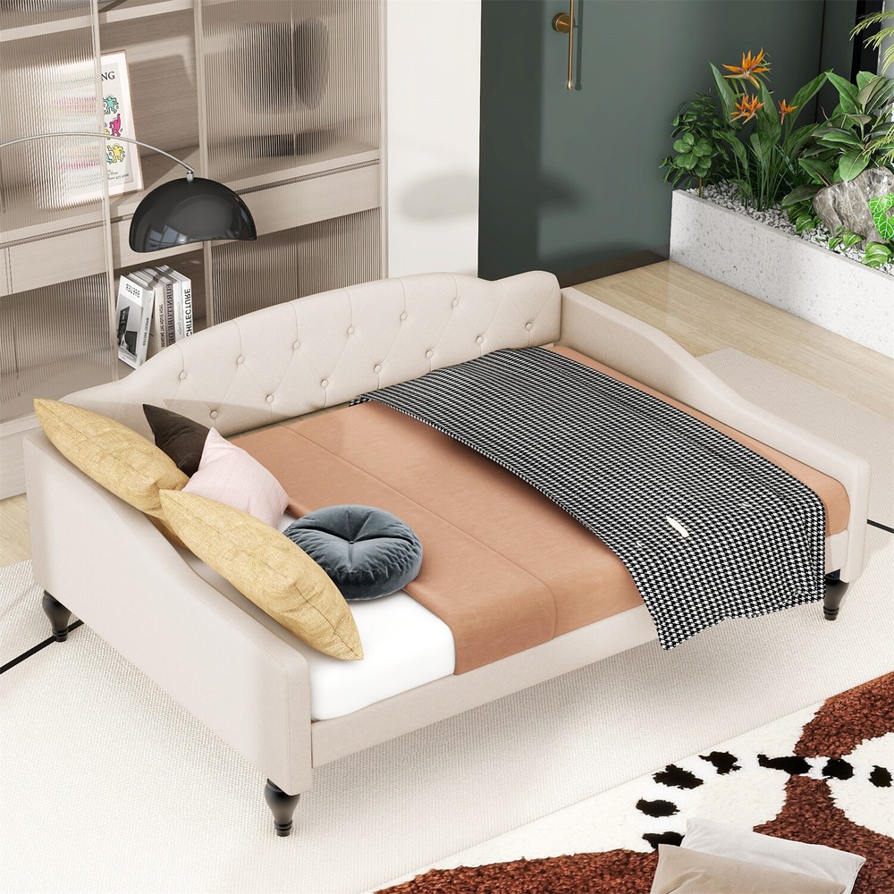 Full Size Daybed Linen Upholstered Bed Frame Sofa Bed for Bedroom Beige US