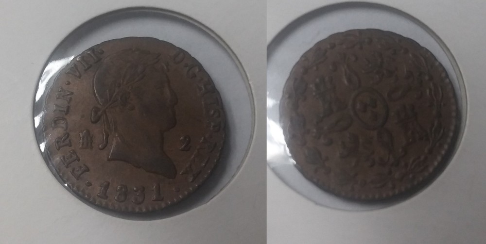 1831 Spain 2 Maravedis King Ferdinand Super Nice
