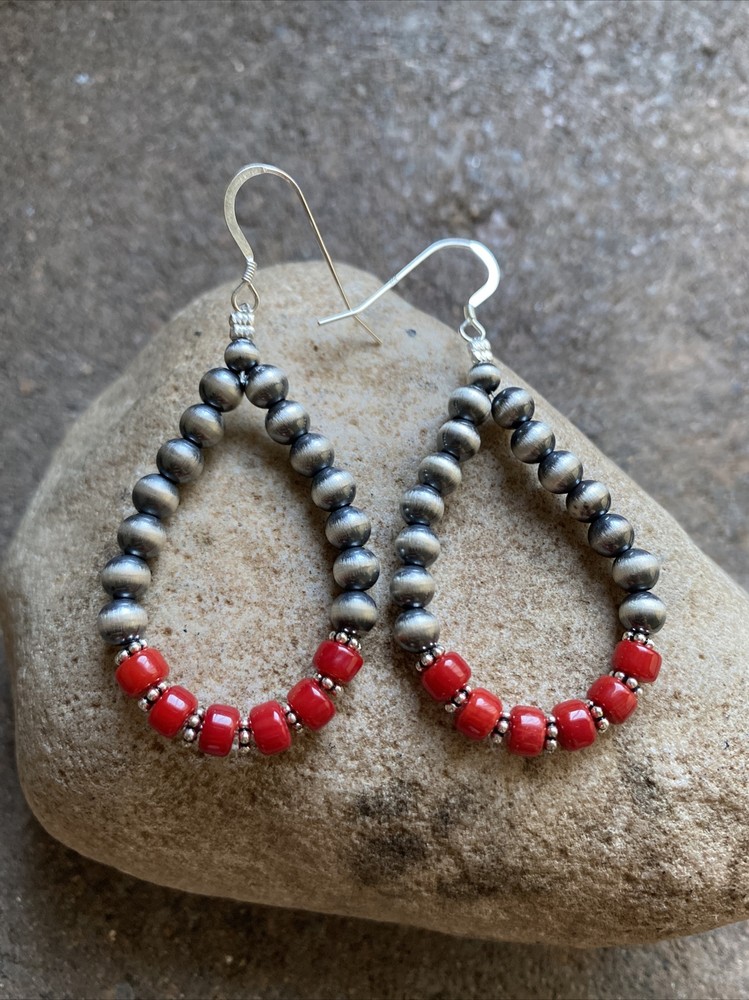 Sterling Silver Red Coral W Pearls Bead Loop Earrings.