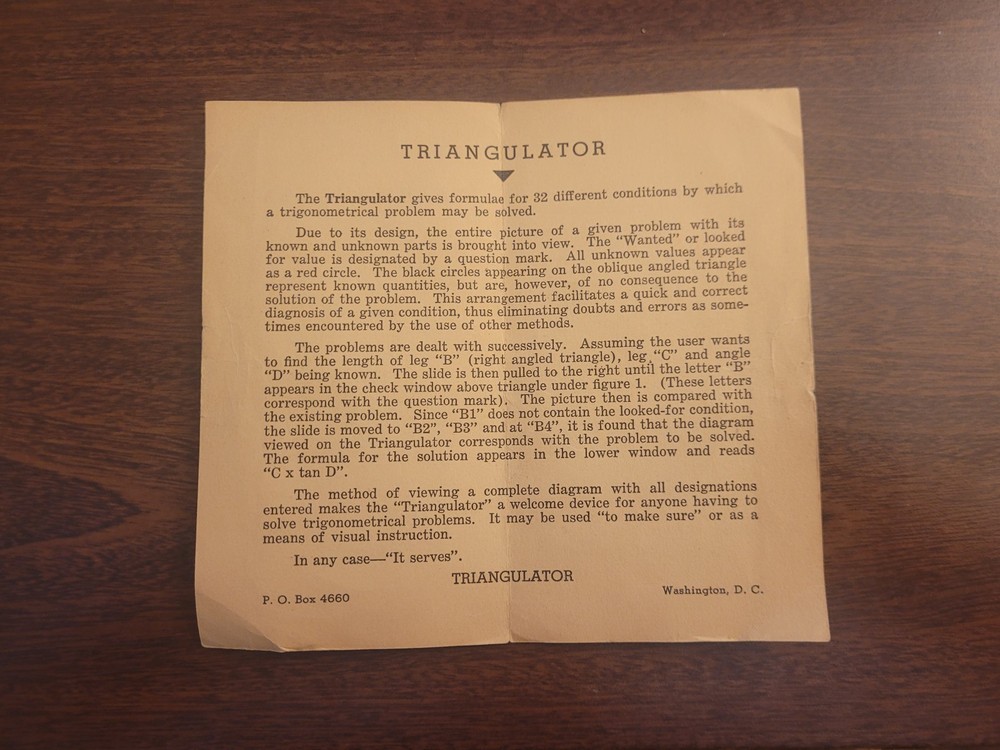 Vtg 1940s Triangulator Slide Chart + Instructions "Makes Trigonometry Easier"