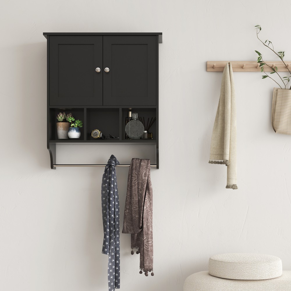 Bathroom cabinet with adjustable shelves and compartments, includes towel rack