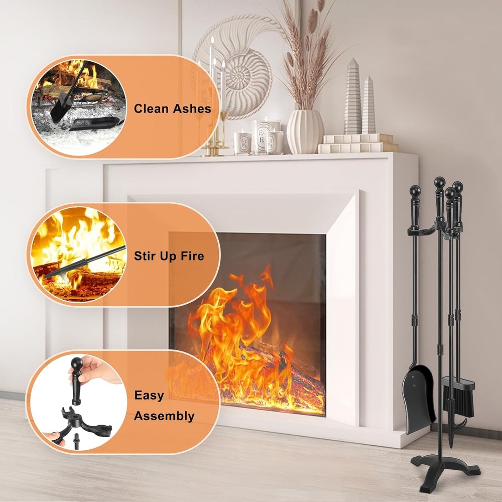 Fireplace Tools Set 4 Pcs 30 Inch Black Wrought Iron Large Fire Tool Set