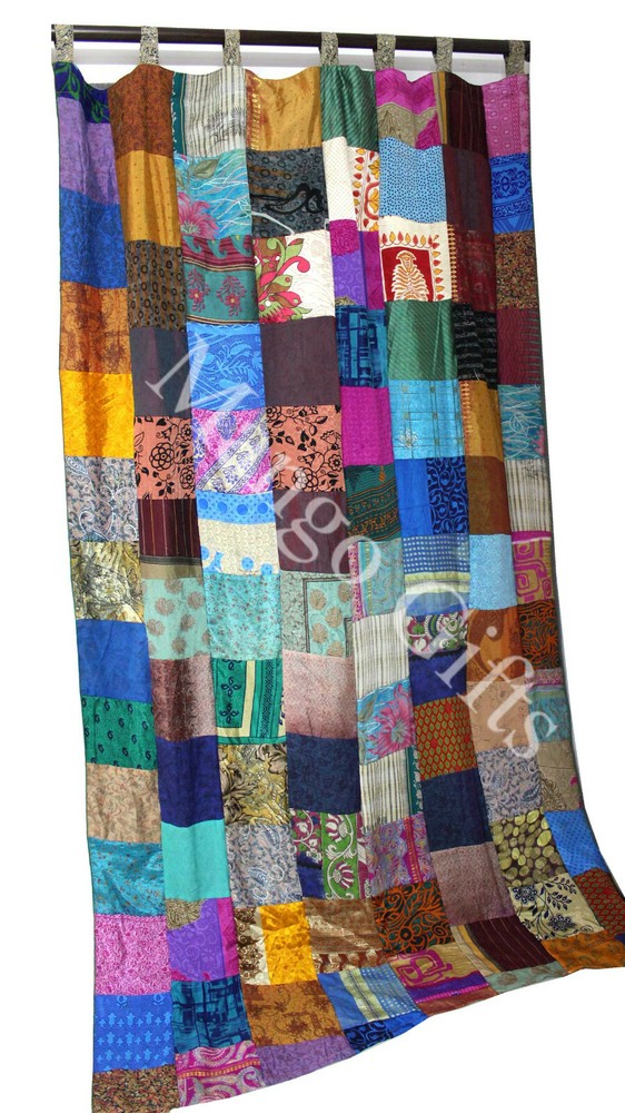 Indian Old Sari Patchwork Curtain Door Drape Boho Silk Saree Curtain Multi 4 Pcs