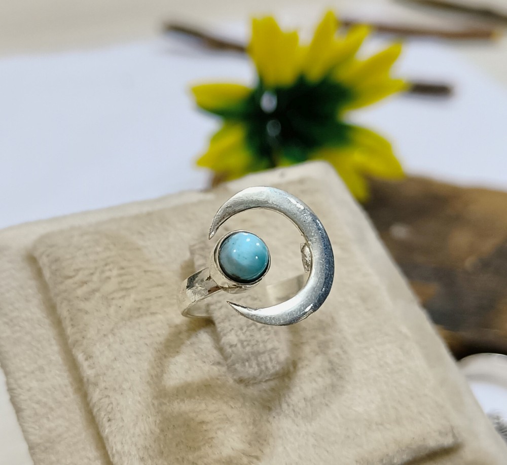 Larimar Moon Shape Ring Handmade Designer Ring 925 Sterling Silver Size 9 A29