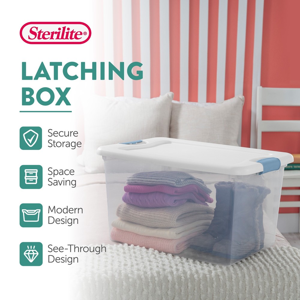 Sterilite 64Qt Latching Box Stackable Storage Container with Lid, White, 12 Pack