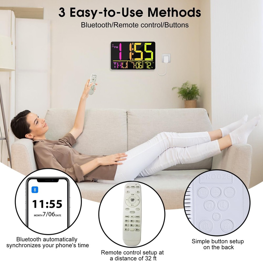 13" Bluetooth Auto Sync Wall Clock- Large Digital Alarm Clock with Remote, RG...