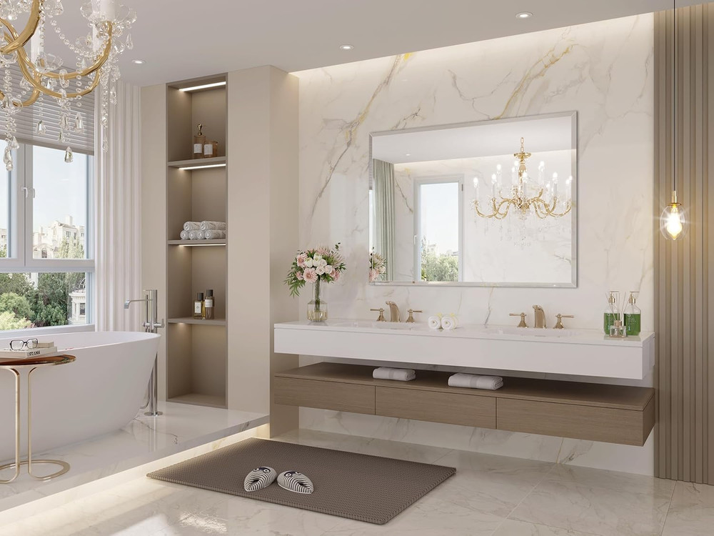 Beveled Frameless Bathroom Mirror 40"x32" - Modern Rectangle Design, Versatile U