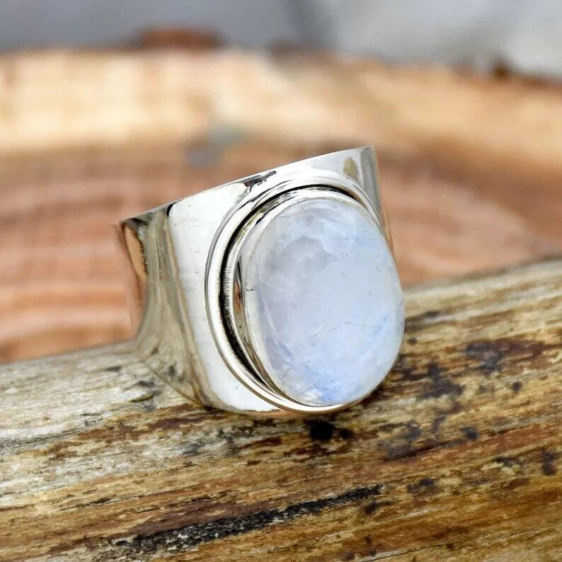 Natural Moonstone Solid 925 Sterling Silver Band & Statement Ring All Size D-161