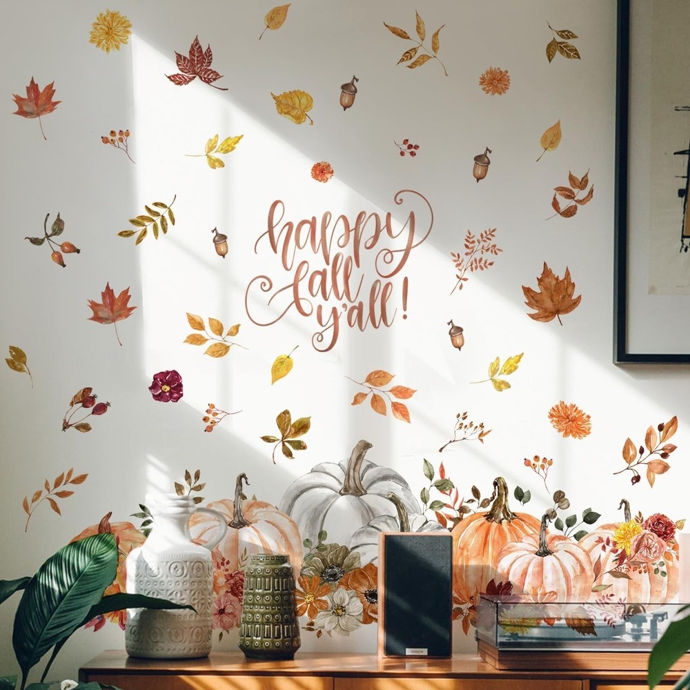 Happy Fall Yall Wall Decal Fall Pumpkin Maple Nuts Wall Stickers Decor Remova...