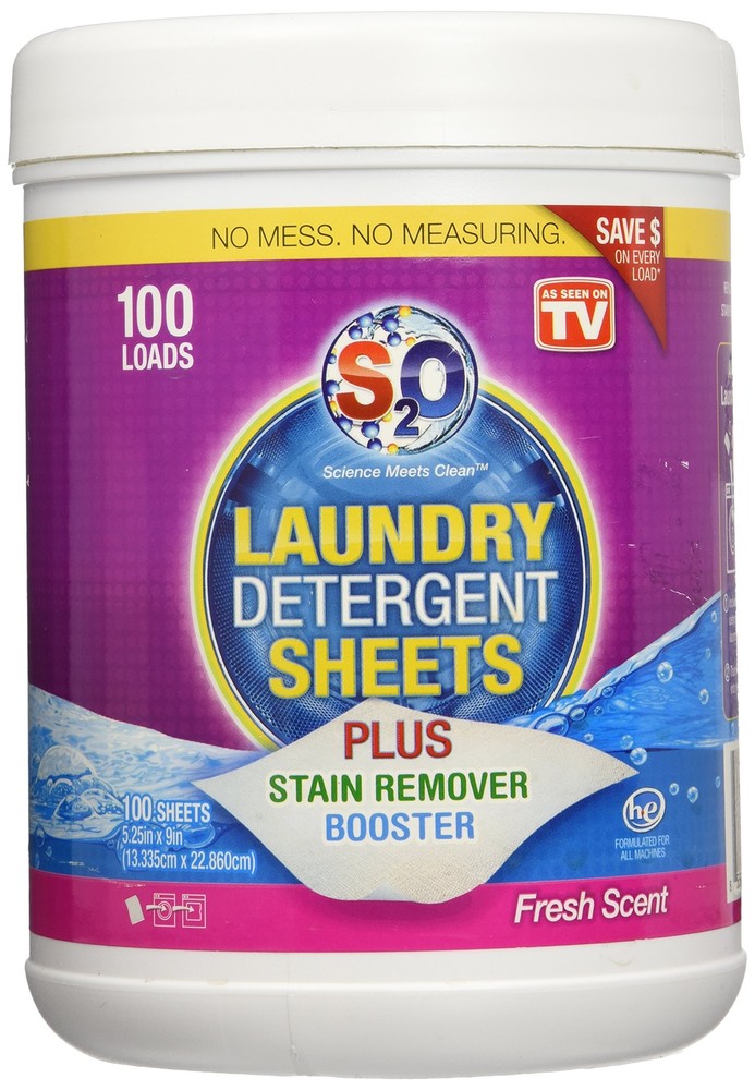 S2O Laundry Detergent Sheets Plus Stain Remover Booster, Fresh Scent, 100 Sheets