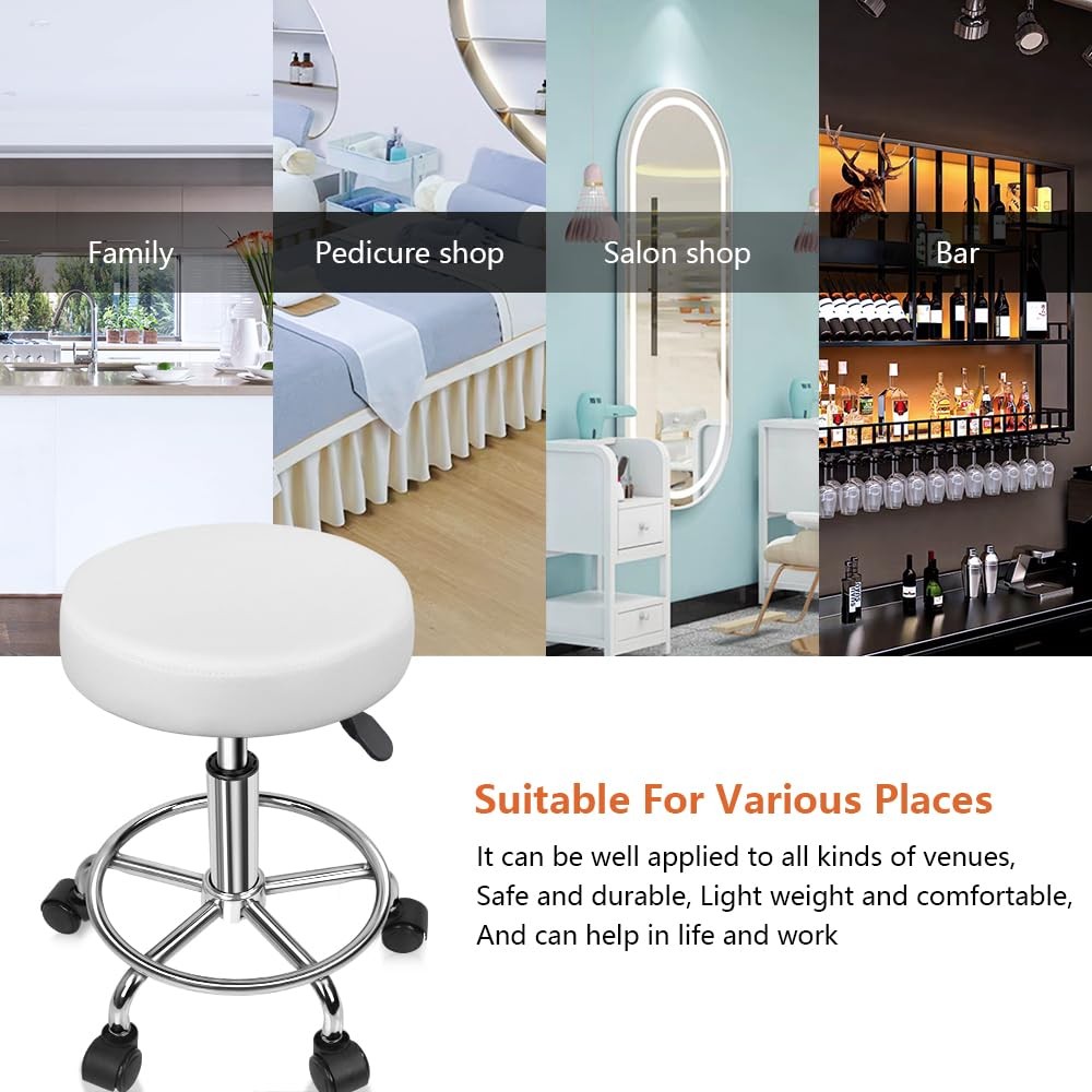 PU Leather Round Rolling Stool W/ Foot Rest Swivel Height Adjustable Stool Spa