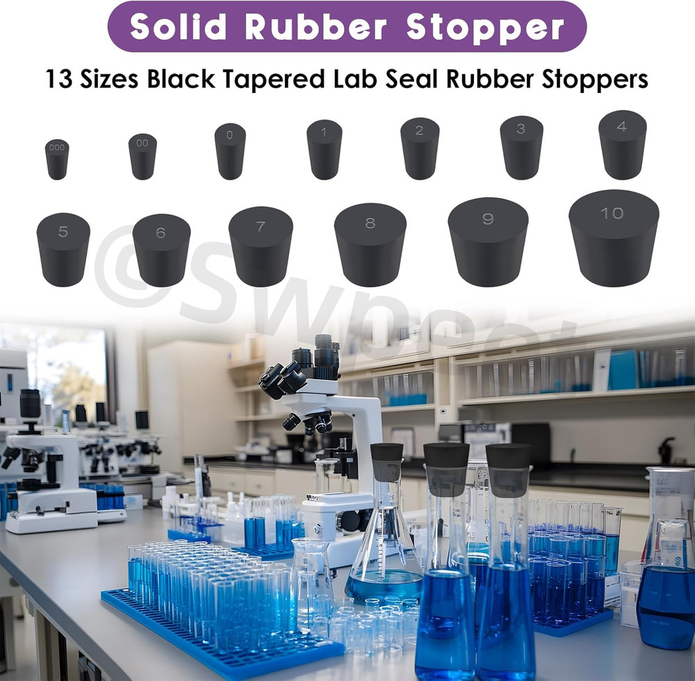 32Pcs 13 Assorted Sizes Black Solid Rubber, Black Tapered Lab Seal Rubber Sto...
