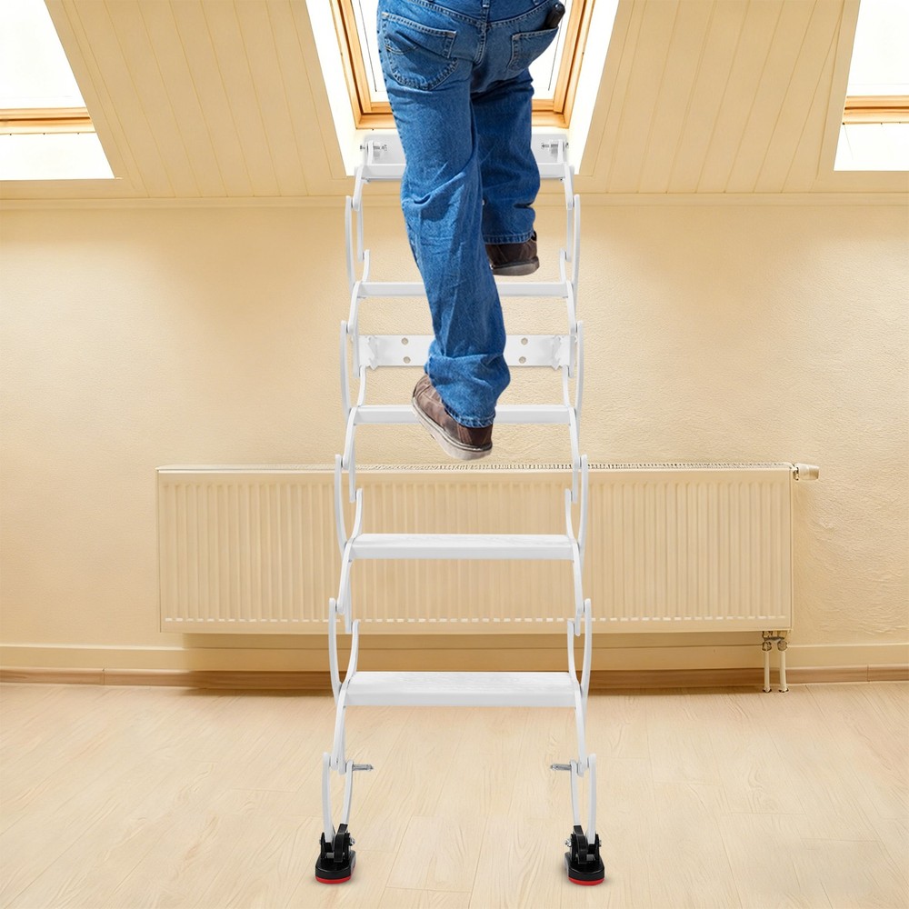 5-Step Wall Mounted Folding Ladder, White Retractable Telescoping Step Stairs