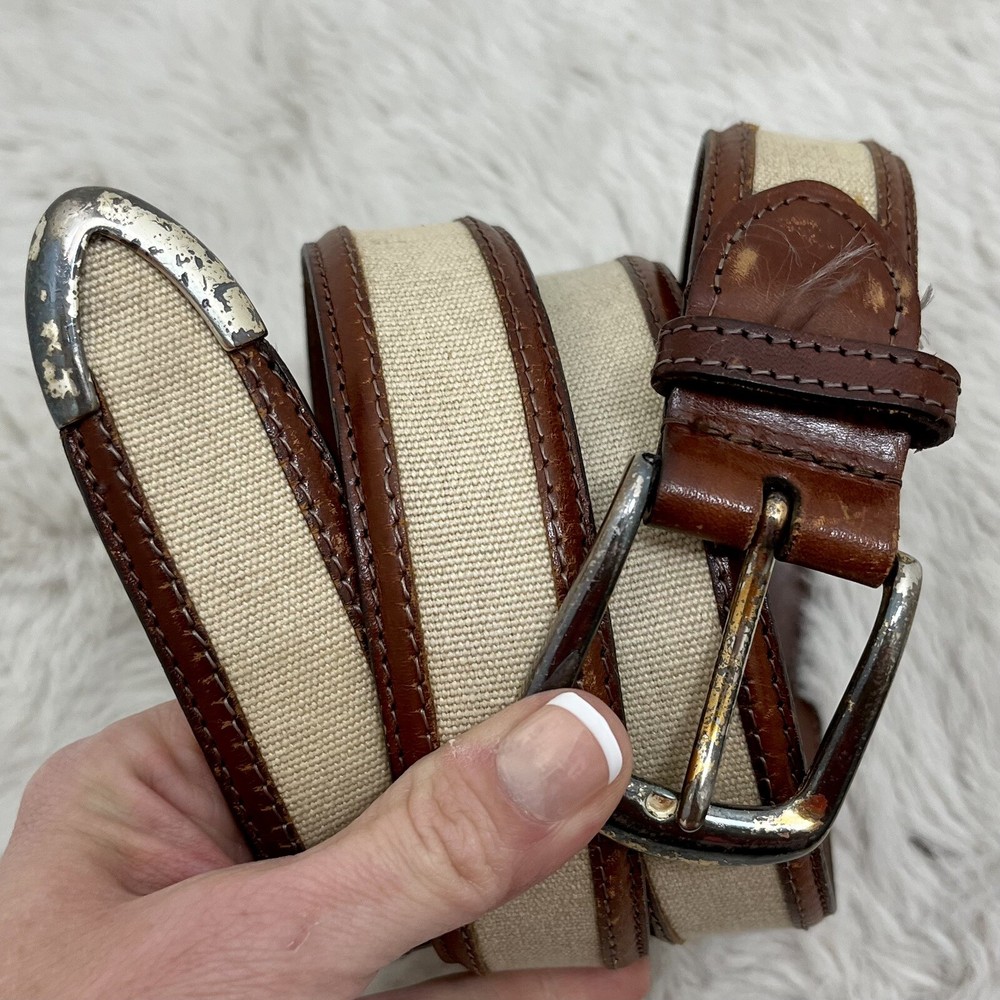 Leather Trim Twill Boho Belt Size 36