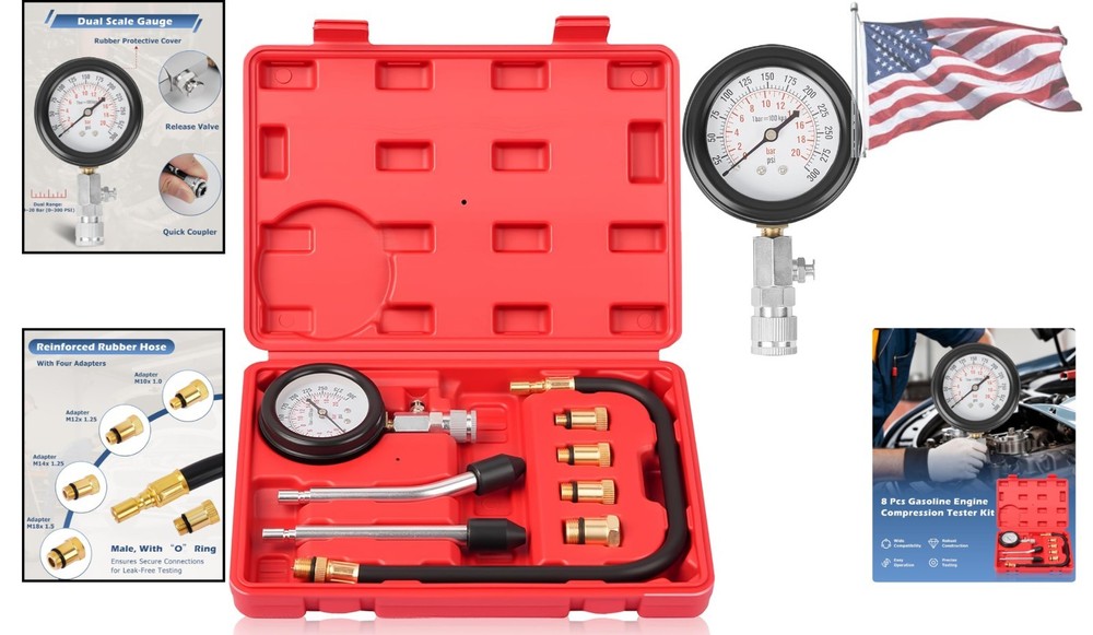 Durable 8-Piece Petrol Engine Compression Tester Kit - Precise Diagnostic Tool