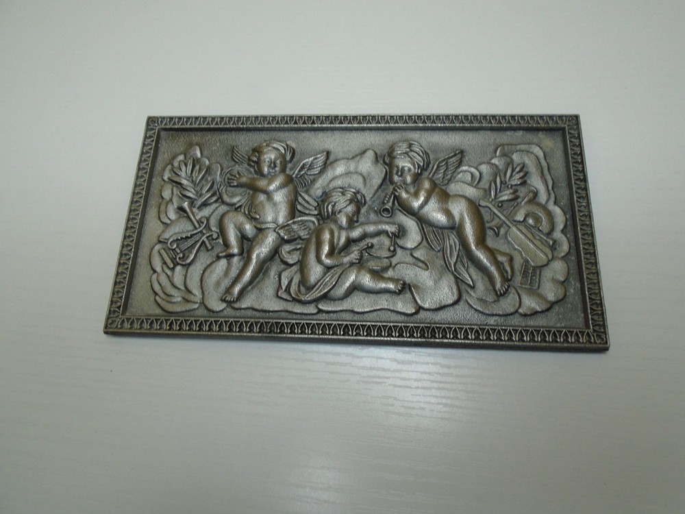 ANTIQUE GERMAN NICKLE SILVER ROCOCO ANGEL PLAQUE (SF195)