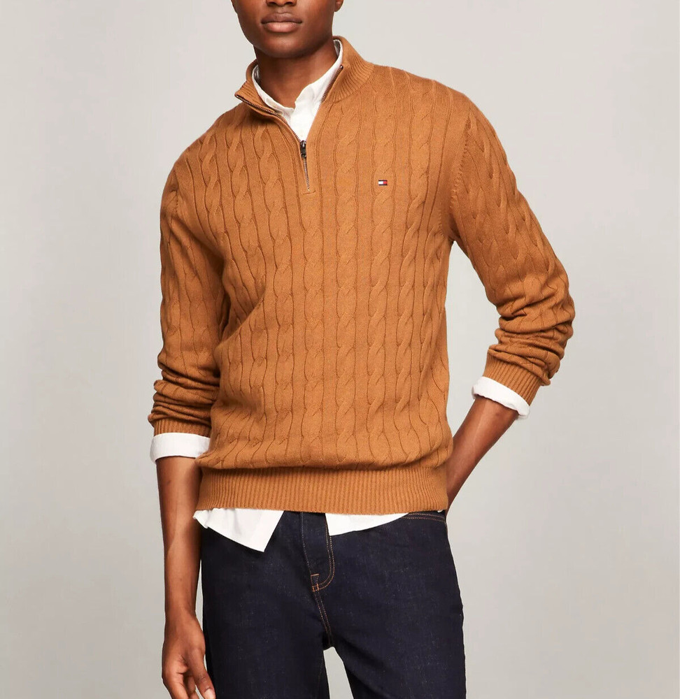 Tommy Hilfiger Men's Regular Fit Essential Solid Cable Knit Quarter Zip Sweater